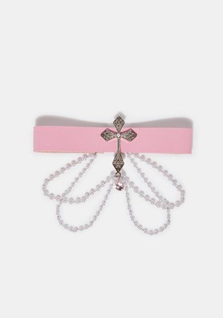 Vegan Leather Choker Necklace With Cross Charm And Layered Pearl Beads - Pink – Dolls Kill