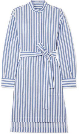 Striped Belted Cotton-poplin Dress - Blue