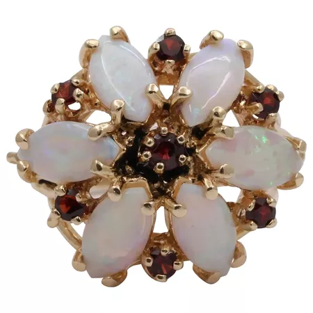 Vintage 14K Yellow Gold Floral Opal Garnet Ring : Now and Forever | Ruby Lane