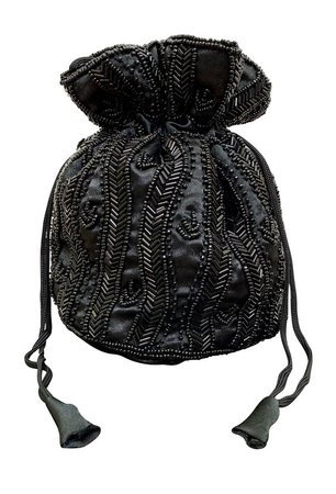 Deco Essential - Victorian Beaded Satin Pouch Bag - Black