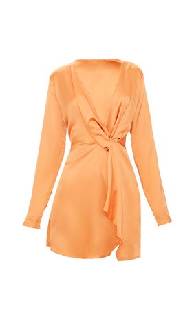 Tangerine Satin Long Sleeve Wrap Dress | PrettyLittleThing