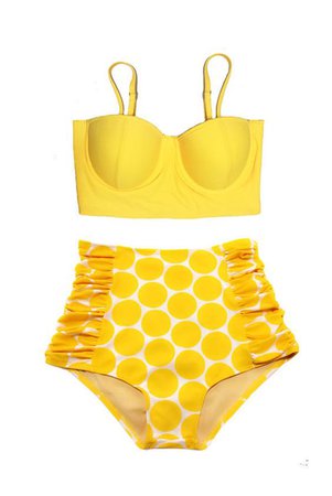 Womens Swimsuit Yellow Top and Yellow Circle High waisted Bottom