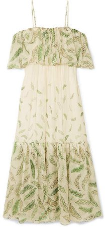 Zandra Rhodes Diana Cold-shoulder Ruffled Printed Silk-chiffon Dress - Green