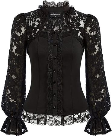 Women Lace Blouse Stand Collar Long Sleeve Top Victorian Blouse Long Sleeve-Black S at Amazon Women’s Clothing store