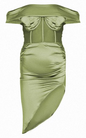 Khaki Insert Underwired Bardot Satin Midi Dress | PrettyLittleThing USA