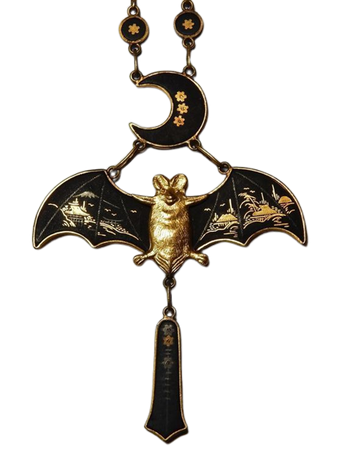 Art Nouveau Japanese 24K; Silver Inlaid Damascene Bat and Crescent Moon Necklace