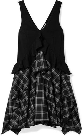 Ruffled Cotton-paneled Plaid Brushed-twill Mini Dress - Black