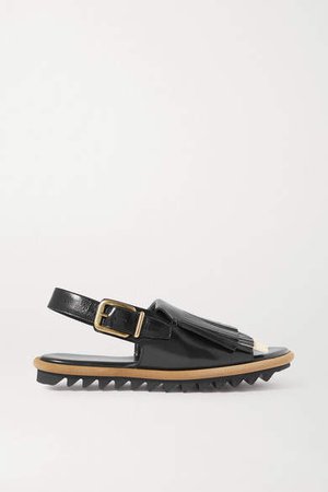 Fringed Leather Slingback Sandals - Black