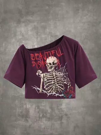 Is That The New Grunge Punk Letter Skull Graphic Asymmetrical Neck Crop Tee ??| ROMWE USA
