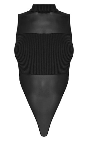 Black Mesh Panelled High Neck Bodysuit | Tops | PrettyLittleThing
