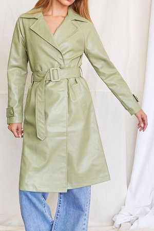 Faux Leather Double-Breasted Trench Coat
