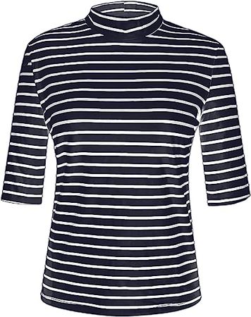 LilyCoco Women's Mock Neck Tops Elbow Sleeve Striped Shirt Dressy Basic Tees at Amazon Women’s Clothing store