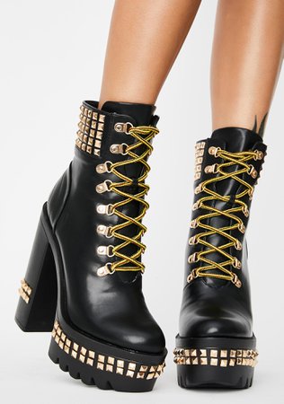Faux Leather Rhinestone Lace Up Platform Ankle Boots - Black | Dolls Kill