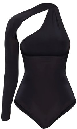 Black One Shoulder Asymmetric Bodysuit