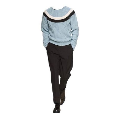 hermes light blue sweater black pants shoes full runway outfit png