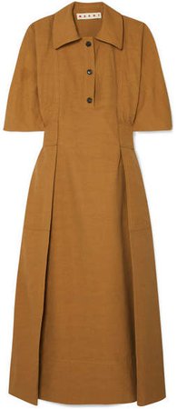 Gathered Canvas Midi Dress - Brown