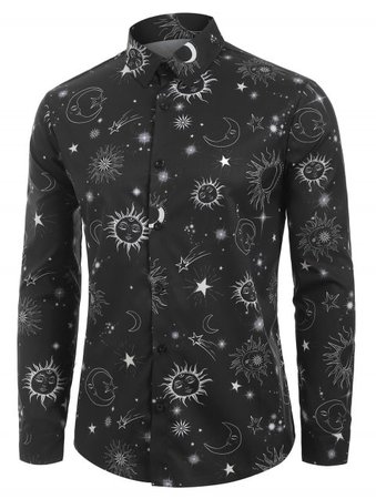 [17% OFF] 2019 Sun Moon And Star Print Button Shirt In BLACK | DressLily