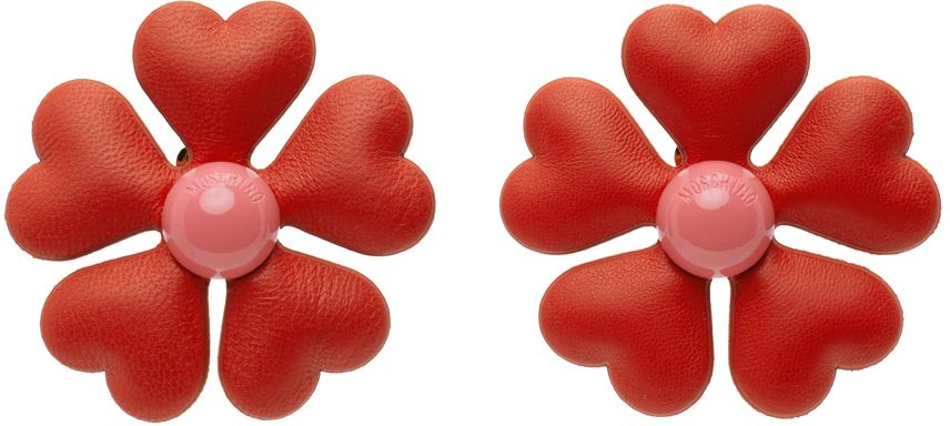 Moschino Leather Flower Clip-on Earrings - Red and Pink