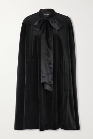 Black Pussy-bow satin-trimmed cotton and silk-blend velvet cape | Dolce & Gabbana | NET-A-PORTER