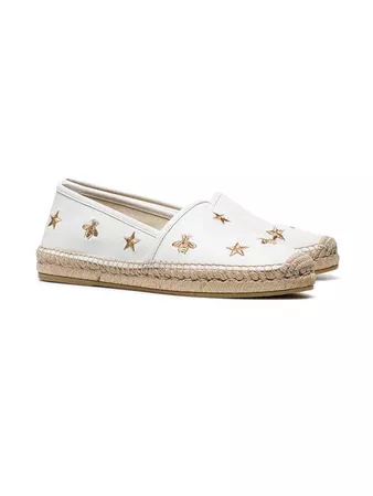 GUCCI White Pilar Bee Embroidery leather Espadrilles