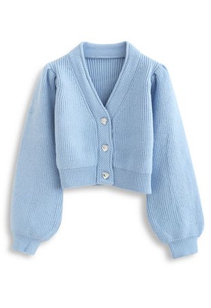 Crystal Button Puff Sleeves Crop Cardigan in Blue - Retro, Indie and Unique Fashion