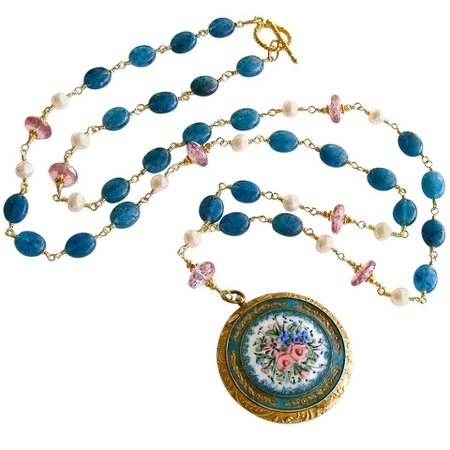 Apatite Pink Topaz Pearls Art Nouveau Enamel Locket Necklace For Sale at 1stDibs