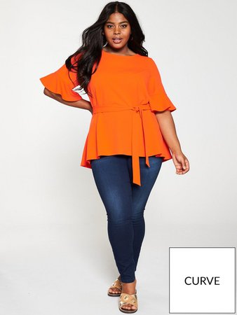 V by Very Curve Jersey Crepe Belted Top - Orange <br /><br /> | very.co.uk