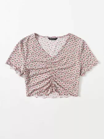 pink Lettuce Trim Ruched Front Ditsy Floral Tee | SHEIN USA