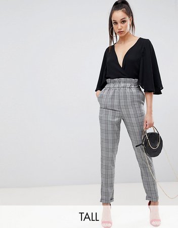 Missguided Tall paper bag waist pants in gray check | ASOS