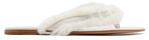 Faux Fur And Leather Flip Flops - Womens - White