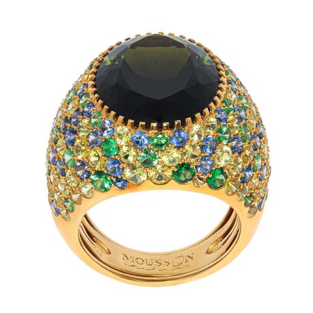 Mousson Atelier Green Tourmaline 11.94 Carat Sapphires 18 Karat Yellow Gold Riviera Ring