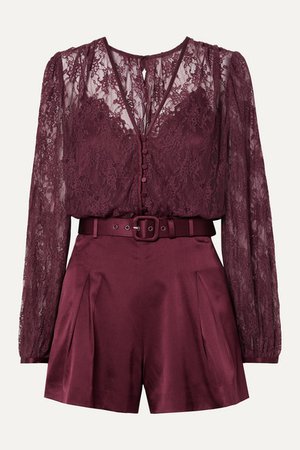 Belted Satin And Stretch-silk Lace Playsuit - Burgundy