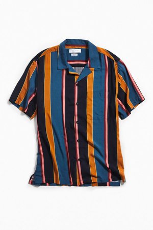 UO Multicolor-Stripe Rayon Short Sleeve Button-Down Shirt | Urban Outfitters