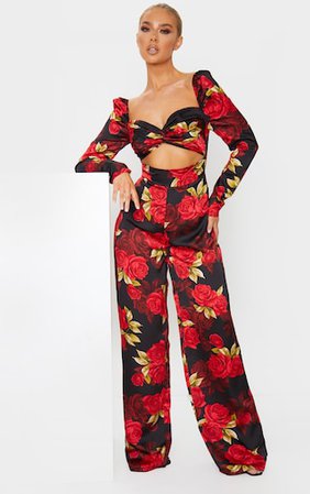 Black Rose Floral Print Twist Front Jumpsuit | PrettyLittleThing