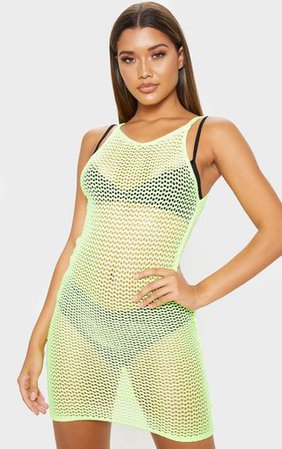 Neon Lime Crochet Knitted Dress | Knitwear | PrettyLittleThing