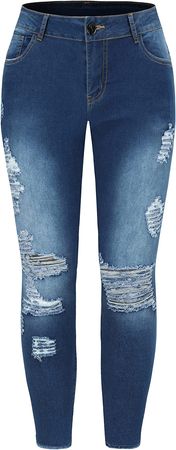 THUNDER STAR Womens Stretch Ripped Cropped Jeans Mid Rise Distressed Casual Denim Pants Blue XL at Amazon Women's Jeans store