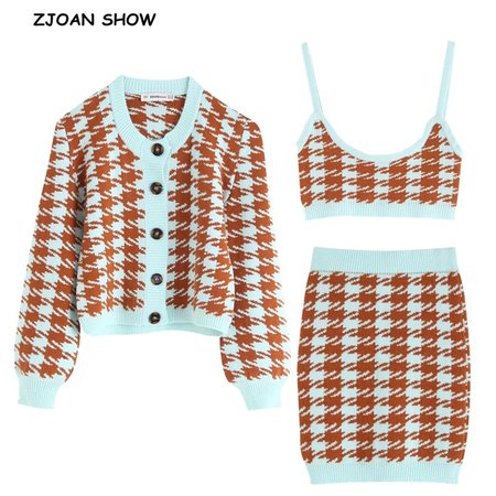 1 set 2019 Autumn Korea Style Check Gingham Plaid Cardigan Retro Single breasted Button Tank Top Knitted Sweater Vintage Jumper on AliExpress - 11.11_Double 11_Singles' Day