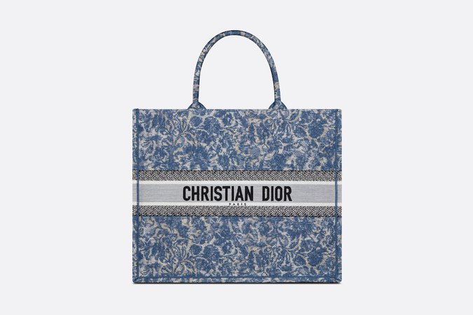 Large Dior Book Tote Blue Dior Brocart Embroidery with Denim Effect (42 x 35 x 18.5 cm) | DIOR