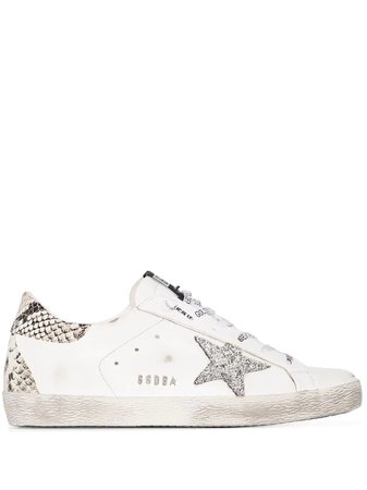 Woman White Super-star Sneakers With Python Spoiler And Silver Glitter Star