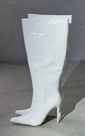White Wide Fit Croc High Stiletto Heel Knee Boots | PrettyLittleThing USA
