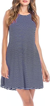 POGTMM Women's Summer Casual Sleeveless Striped Swing Dress Sundress with Pockets at Amazon Women’s Clothing store