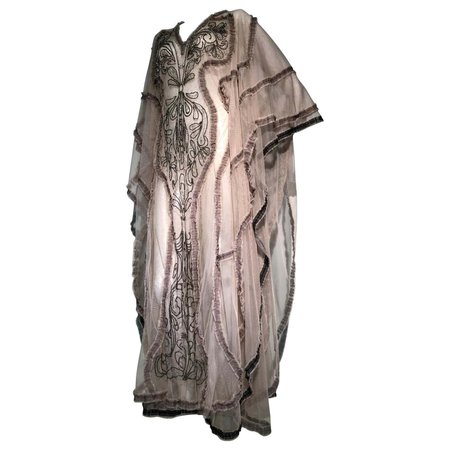 1970s Style Nude Net and Tulle Ruffle Trimmed Kaftan W/ Vintage Silver Beading For Sale at 1stDibs
