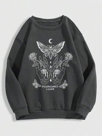 Goth Butterfly & Slogan Graphic Thermal Lined Sweatshirt | SHEIN