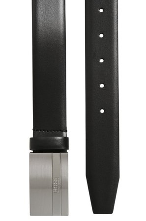 BOSS - Leather belt with brushed-silver plaque
