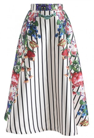 Flourish in Stripes Floral Printed Midi Skirt - Skirt - BOTTOMS - Retro, Indie and Unique Fashion