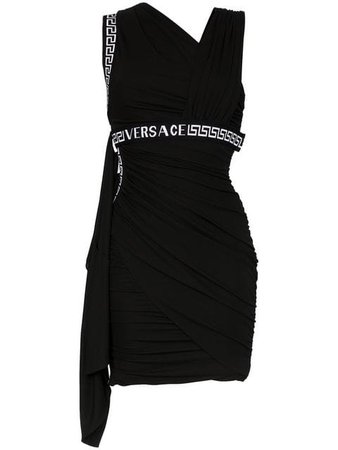 Versace asymmetric neck logo mini dress