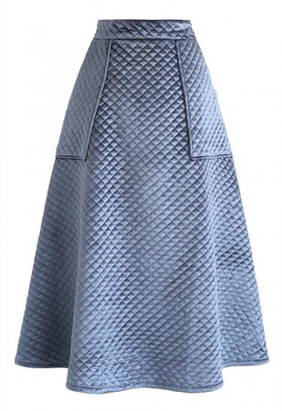 Pockets Quilted Velvet A-Line Midi Skirt in Dusty Blue - NEW ARRIVALS - Retro, Indie and Unique Fashion blue