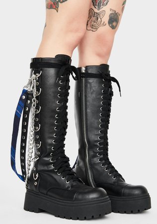 Widow Punk Knee High Combat Boots - Faux Leather Black | Dolls Kill