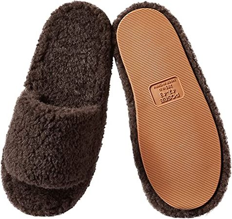 Black Posee Fuzzy Memory Foam Slippers for Women, Fluffy Open Toe Slippers Curly Fur Cozy Flat Spa Slide Slippers Comfy Soft Non-Slip House Shoes Indoor and Outdoor, Warm Gift | Slippers