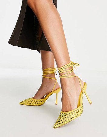 ASOS DESIGN Preston woven tie leg high heeled shoes in yellow | ASOS